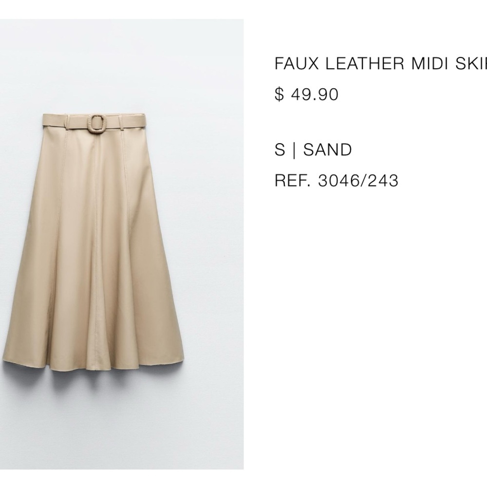 Zara NWOT Beige A-Line Skirt faux leather with belt